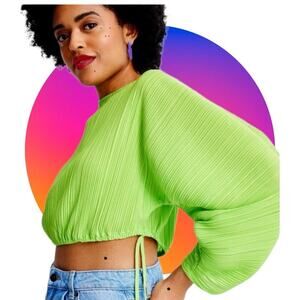 Future Collective Women’s Apple Lime Green Plisse Long Sleeve Crop Top NWT Sz S